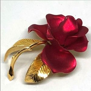 Vintage GERRITO Red Satin Enamel Rose Flower Pin